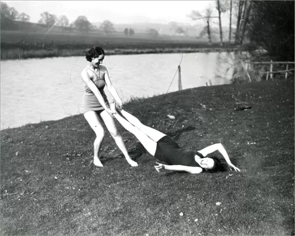 Two young ladies in swimsuits at Stopham, March 1938