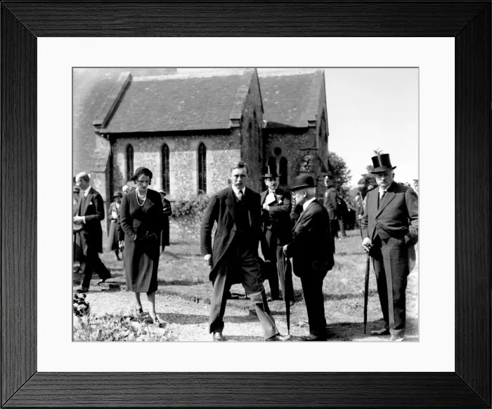Framed Print : Funeral party outside Graffham Church, August 1935 Framed Print : Funeral party outside Graffham Church, August 1935