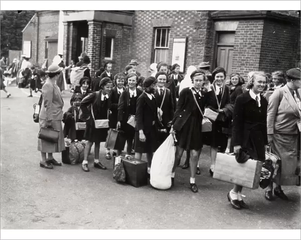 Evacuees leaving hall, September 1939