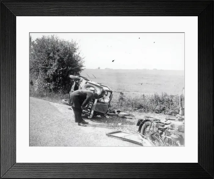 Framed Print : Car smash at crossroads - July 1938 Framed Print : Car smash at crossroads - July 1938