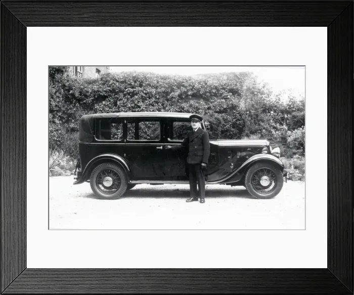Framed Print : Chauffeur and his Austin - January 1947 Framed Print : Chauffeur and his Austin - January 1947