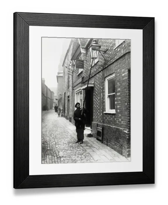 Framed Print : Lamplighter in Lombard St. Petworth, 1931 Framed Print : Lamplighter in Lombard St. Petworth, 1931