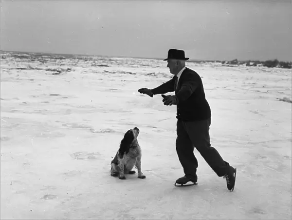 Skating on the sea, Pagham Harbour, 16 Jan 1963