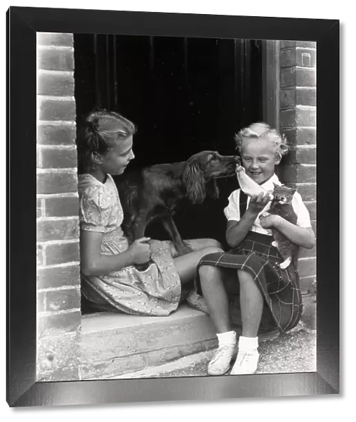 Two girls playing with dog and kitten, 1949