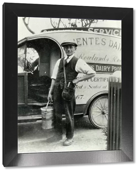 Fuentes Dairyman outside his vehicle, early 20th century
