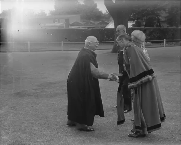 The Mayor of Chichester greets a guest at the Garden Party in honour of the Opening of the Festival Theatre, 25 June 1962
