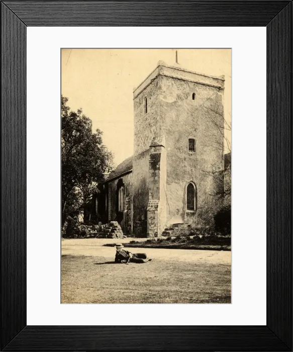 Framed Print : Well-dressed man reclining on the lawn in front of the church at Beeding, 23 March 1893 Framed Print : Well-dressed man reclining on the lawn in front of the church at Beeding, 23 March 1893
