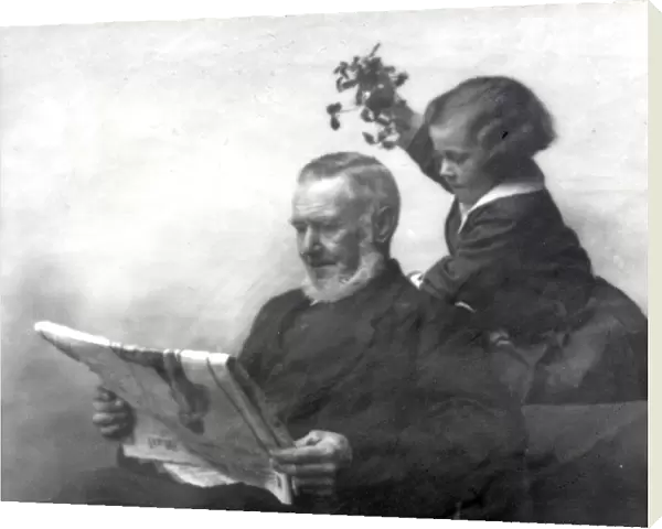 Young girl holding mistletoe over elderly man