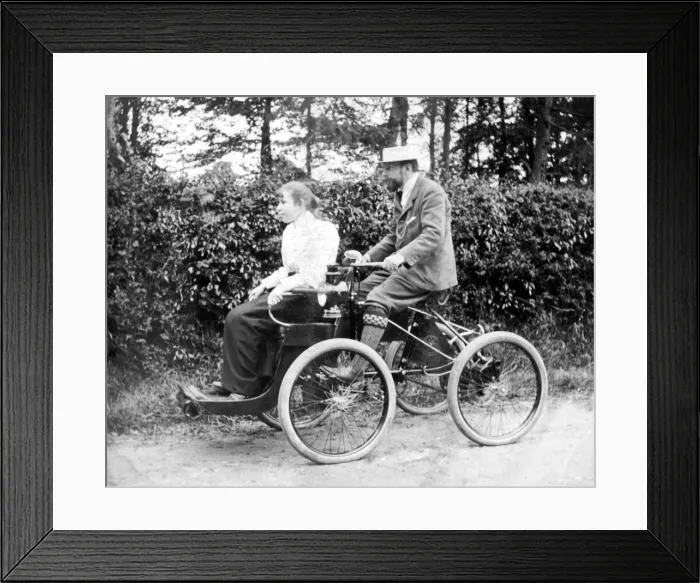 Framed Print : Quadricycle with young lady passenger at Westbourne, c. 1900 Framed Print : Quadricycle with young lady passenger at Westbourne, c. 1900