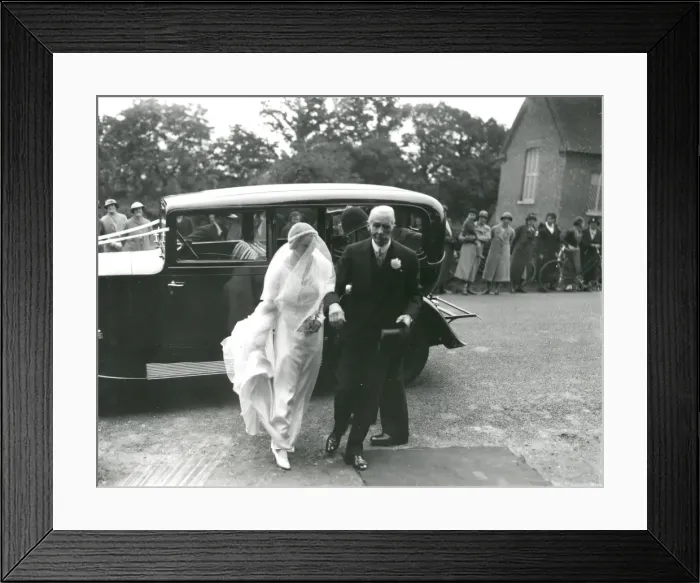 Framed Print : Bride with father arriving at the church, June 1936