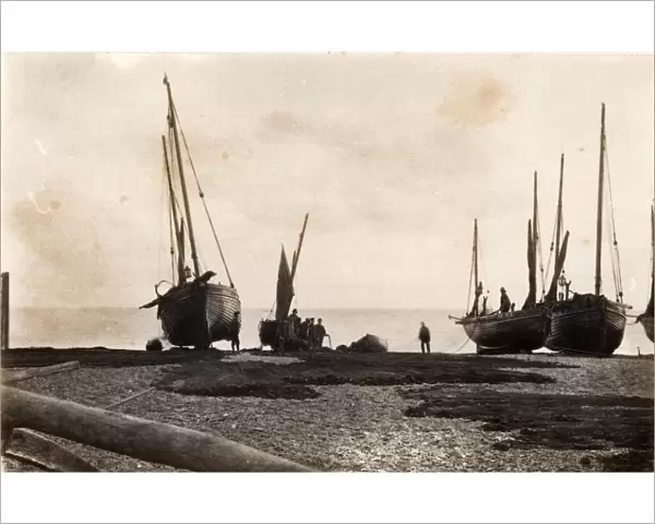 Fishing boats and nets hauled up onto the beach at Hastings, 6 November 1890