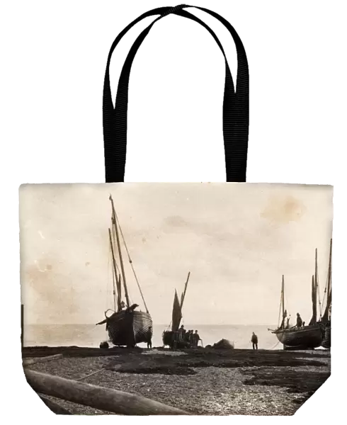 Fishing boats and nets hauled up onto the beach at Hastings, 6 November 1890