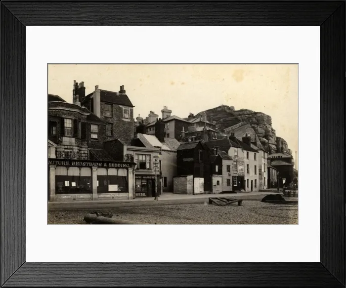 Framed Print : Seafront shops and pubs in Hastings, 6 November 1890 Framed Print : Seafront shops and pubs in Hastings, 6 November 1890