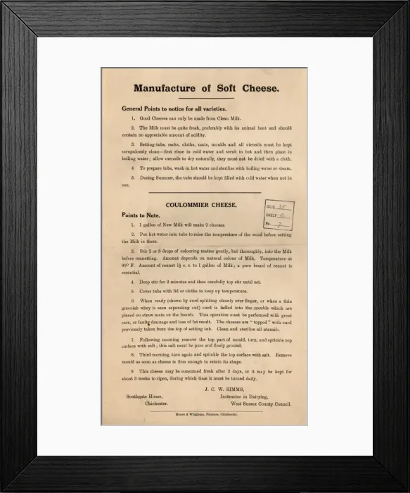 Framed Print : Instructions for the manufacture of soft cheese (Coulommier), c1925 Framed Print : Instructions for the manufacture of soft cheese (Coulommier), c1925