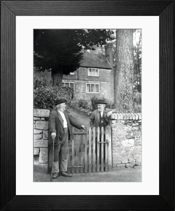 Framed Print : Two elderly gentlemen chatting over a gate at Upperton, Sussex, 1935 Framed Print : Two elderly gentlemen chatting over a gate at Upperton, Sussex, 1935