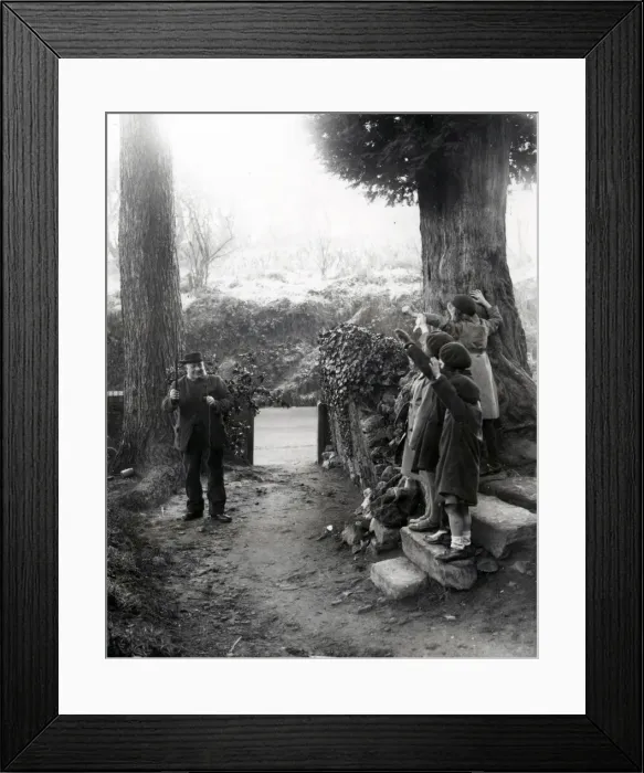 Framed Print : Four girls waving to elderly gentleman at Upperton, Sussex. December 1935 Framed Print : Four girls waving to elderly gentleman at Upperton, Sussex. December 1935