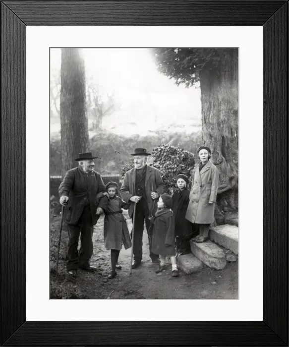 Framed Print : Group of people chatting on a footpath in woods at Upperton, Sussex, December 1935 Framed Print : Group of people chatting on a footpath in woods at Upperton, Sussex, December 1935