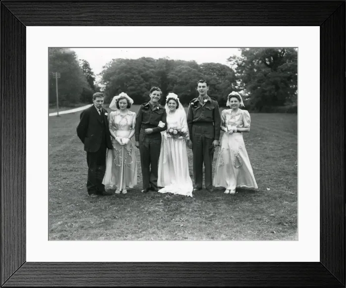 Framed Print : Wedding party at Ebernoe, Sussex. Groom and Best Man in army uniform, 1940s Framed Print : Wedding party at Ebernoe, Sussex. Groom and Best Man in army uniform, 1940s
