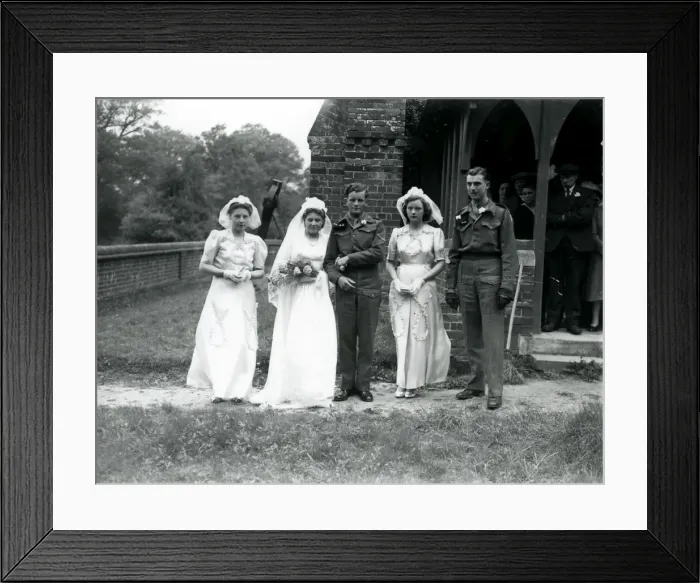 Framed Print : Bridal party, groom and best man in army uniform at Ebernoe, Sussex, 1940s
