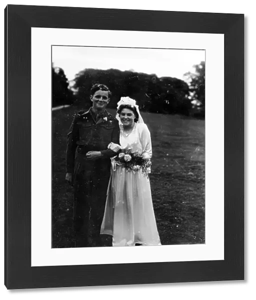 Bride and Groom at Ebernoe, Groom in army uniform, 1940s