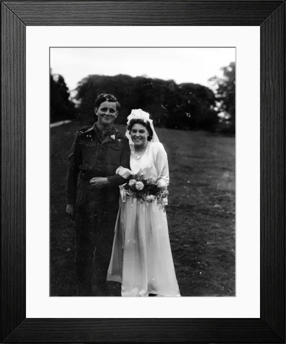 Framed Print : Bride and Groom at Ebernoe, Groom in army uniform, 1940s Framed Print : Bride and Groom at Ebernoe, Groom in army uniform, 1940s