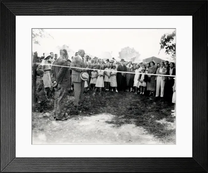 Framed Print : Cutting the tape ceremony at event in Sussex, December 1935 Framed Print : Cutting the tape ceremony at event in Sussex, December 1935