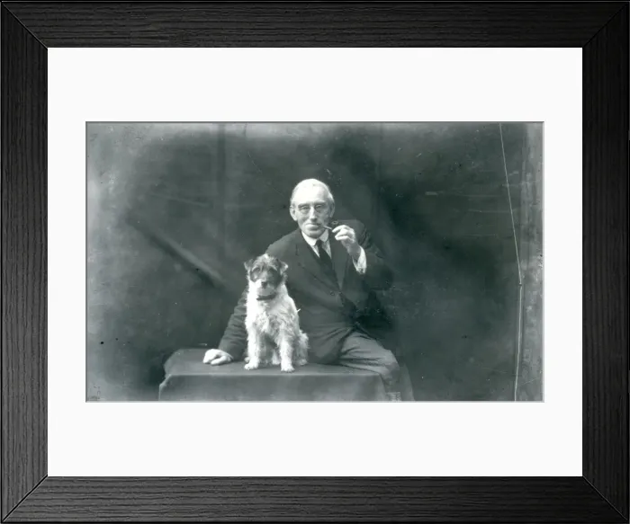 Framed Print : Portrait of elderly gentleman with his dog, December 1928 Framed Print : Portrait of elderly gentleman with his dog, December 1928