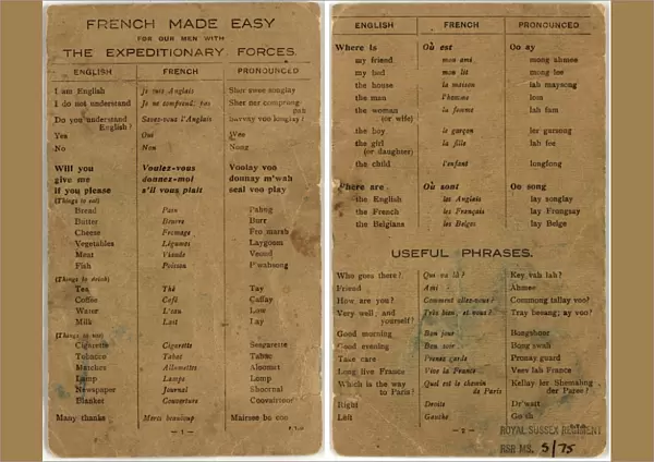 World War 1 English-French word-list for the Military Forces