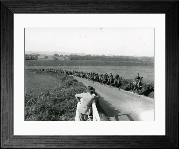 Framed Print : Life Guards riding up Duncton Hill, being watched by a farmer, August 1936 Framed Print : Life Guards riding up Duncton Hill, being watched by a farmer, August 1936