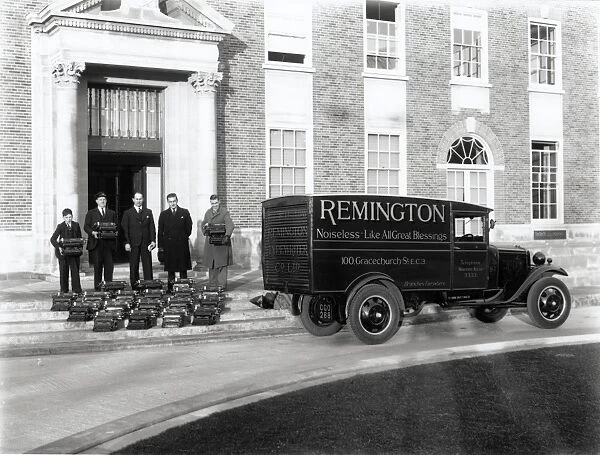 Arrival of typewriters on the steps of County Hall, Chichester, 1930s
