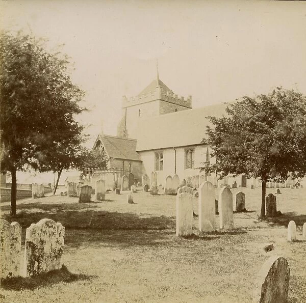 Bexhill Church. Bexhill church and churchyard, sepia print