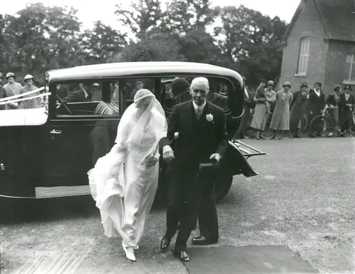 Framed Print : Bride with father arriving at the church, June 1936