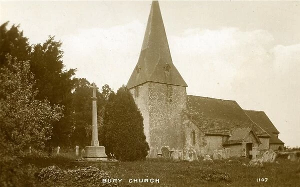 Bury Church. Sepia postcard of church and war memorial.