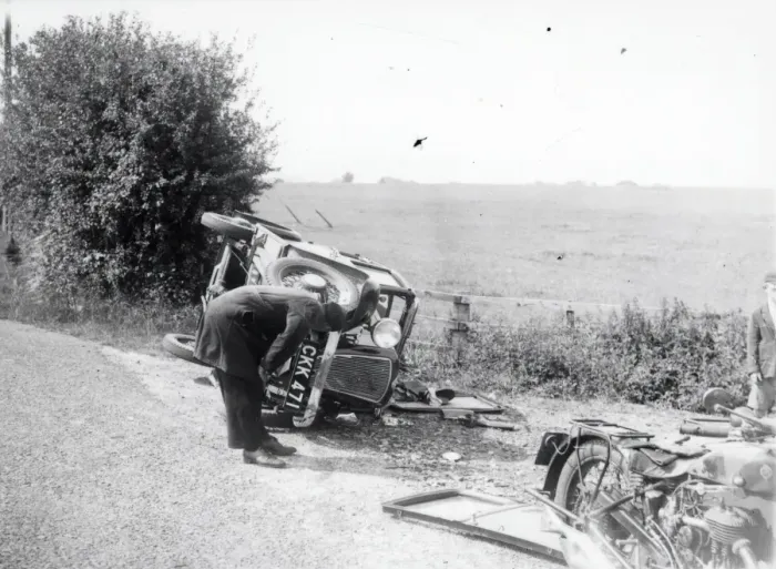 Framed Print : Car smash at crossroads - July 1938 Framed Print : Car smash at crossroads - July 1938