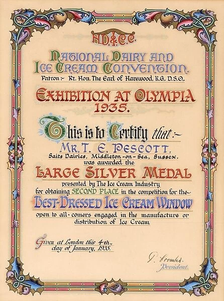 Certificate awarded to Mr T E Pescott at Olympia, 1935