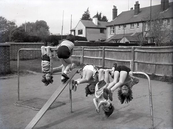 Children on climbing frame in Lancastrian Infants School, Chichester, May 1956