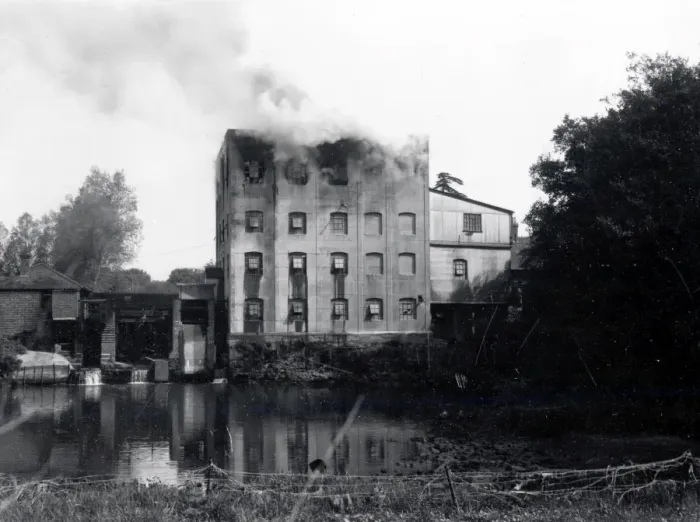Framed Print : Coultershaw Mill on fire, Petworth - 16 May 1946 Framed Print : Coultershaw Mill on fire, Petworth - 16 May 1946