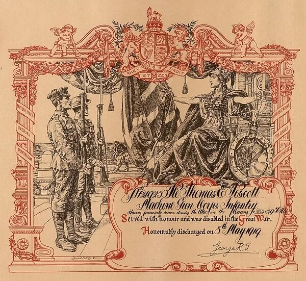 Discharge certificate for No. 121925 Pte Thomas Pescott, Machine Gun Corps Infantry)