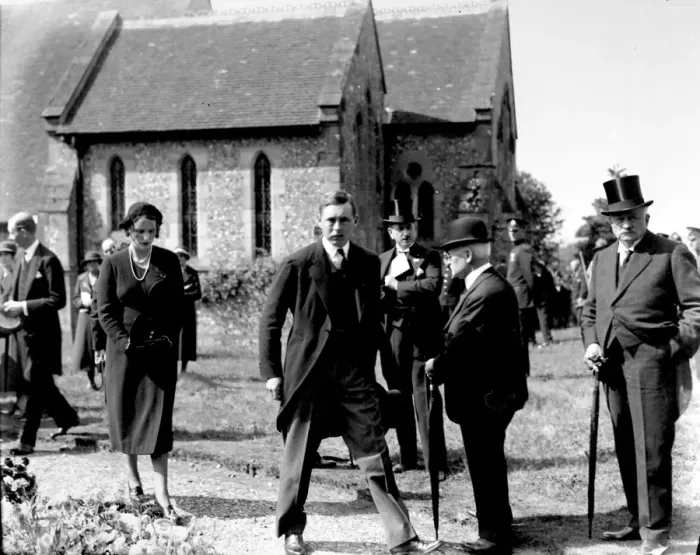 Framed Print : Funeral party outside Graffham Church, August 1935 Framed Print : Funeral party outside Graffham Church, August 1935