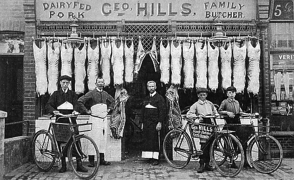 George Alfred Hills outside his butchers shop, Worthing, c1905