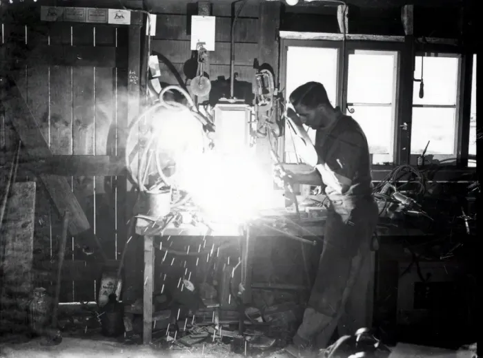 Framed Print : Halnaker Blacksmith at work - 16 May 1945 Framed Print : Halnaker Blacksmith at work - 16 May 1945