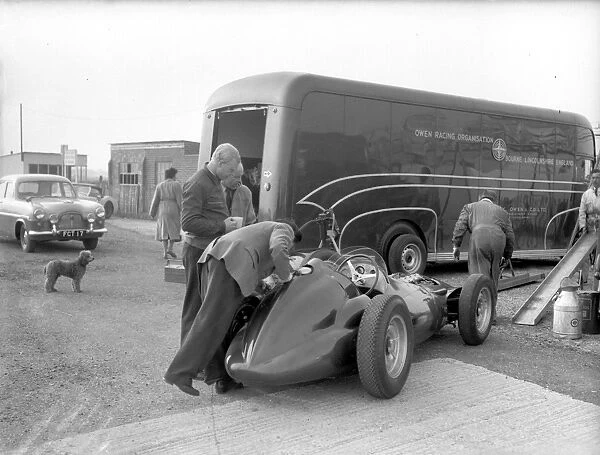 Inspecting the racing car, March 1956