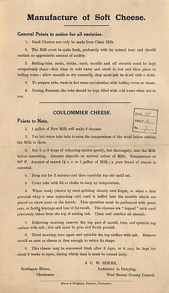 Instructions for the manufacture of soft cheese (Coulommier), c1925