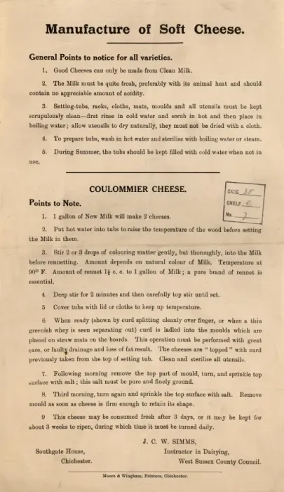 Framed Print : Instructions for the manufacture of soft cheese (Coulommier), c1925 Framed Print : Instructions for the manufacture of soft cheese (Coulommier), c1925