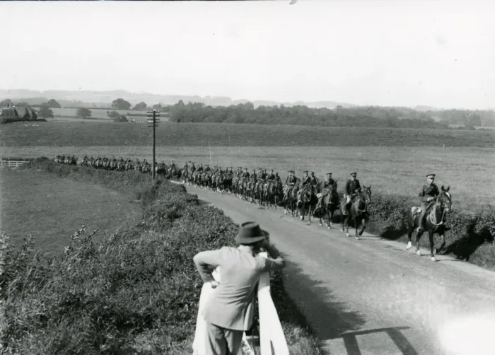 Framed Print : Life Guards riding up Duncton Hill, being watched by a farmer, August 1936 Framed Print : Life Guards riding up Duncton Hill, being watched by a farmer, August 1936
