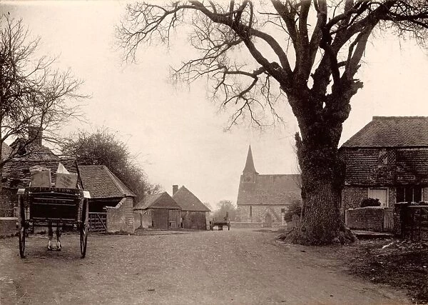 Plaistow, 1909. View of the village from the road looking towards the church with horse