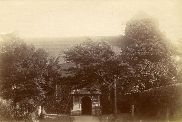 Preston. Rather blurred sepia print of church looking towards porch