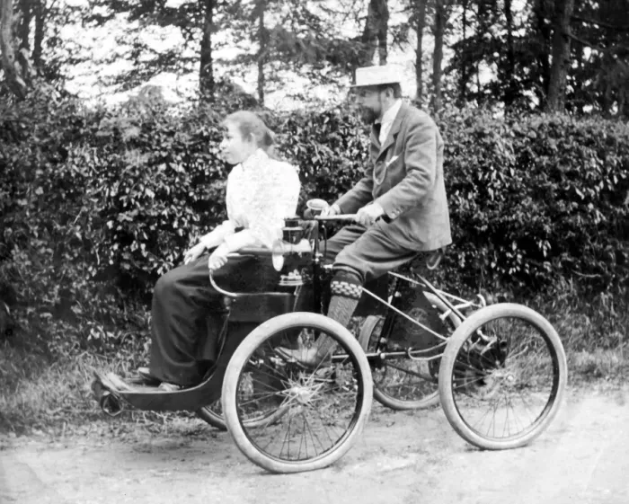 Framed Print : Quadricycle with young lady passenger at Westbourne, c. 1900 Framed Print : Quadricycle with young lady passenger at Westbourne, c. 1900