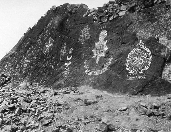 RSR 2 / 6th Battalion, Regimental badges cut in rock at Manzal, 1917