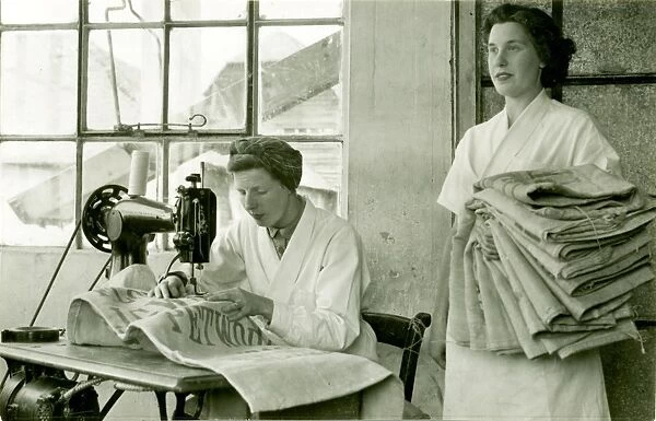 Sack mending by machine, Coultershaw Mill, Petworth, Aug 1949